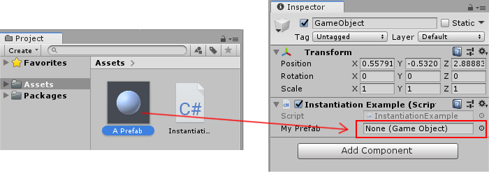 Dragging a Prefab from the Project window into the My Prefab field in the script component