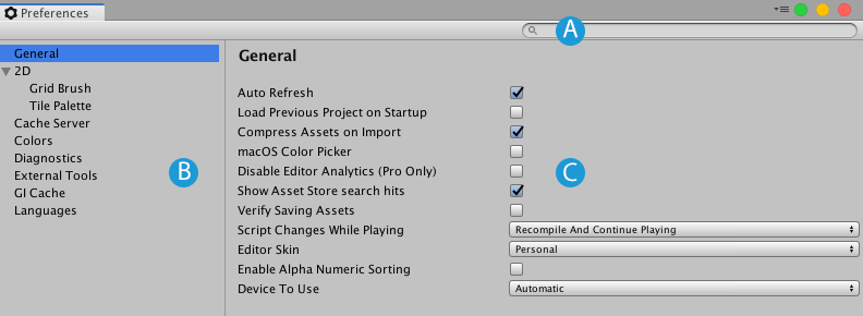 Unity Preferences window