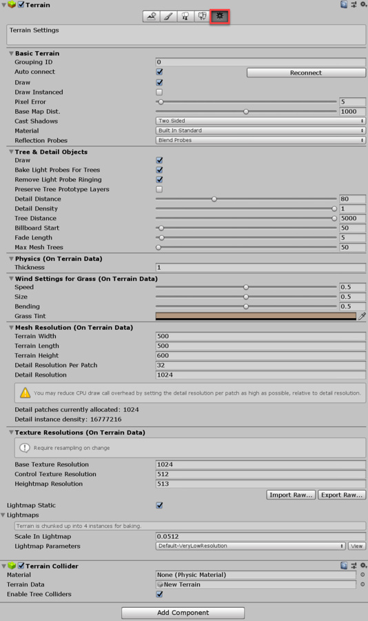 Terrain settings Inspector