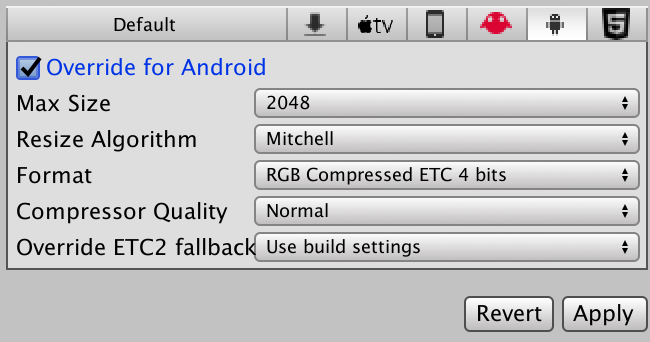 Android 2D Texture Override settings in the Textures Inspector window. Click the Android logo to access Android-specific overrides.