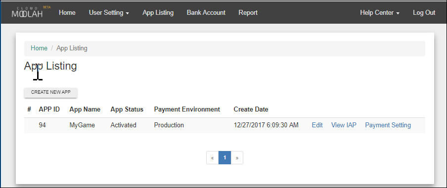 CloudMoolah create new app result