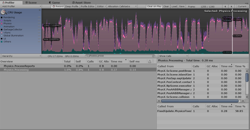 Physics Profiler with the value of 1 in the Calls column