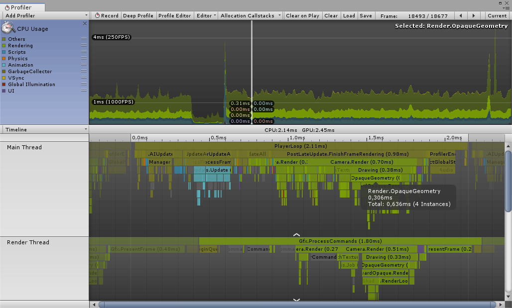 CPU Usage module in Timeline view, with a selected item