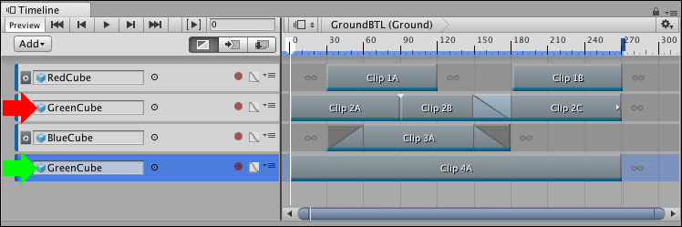 The second track (red arrow) and fourth track (selected, green arrow) animate the same GameObject (GreenCube). The fourth track has priority and overrides the second track.)